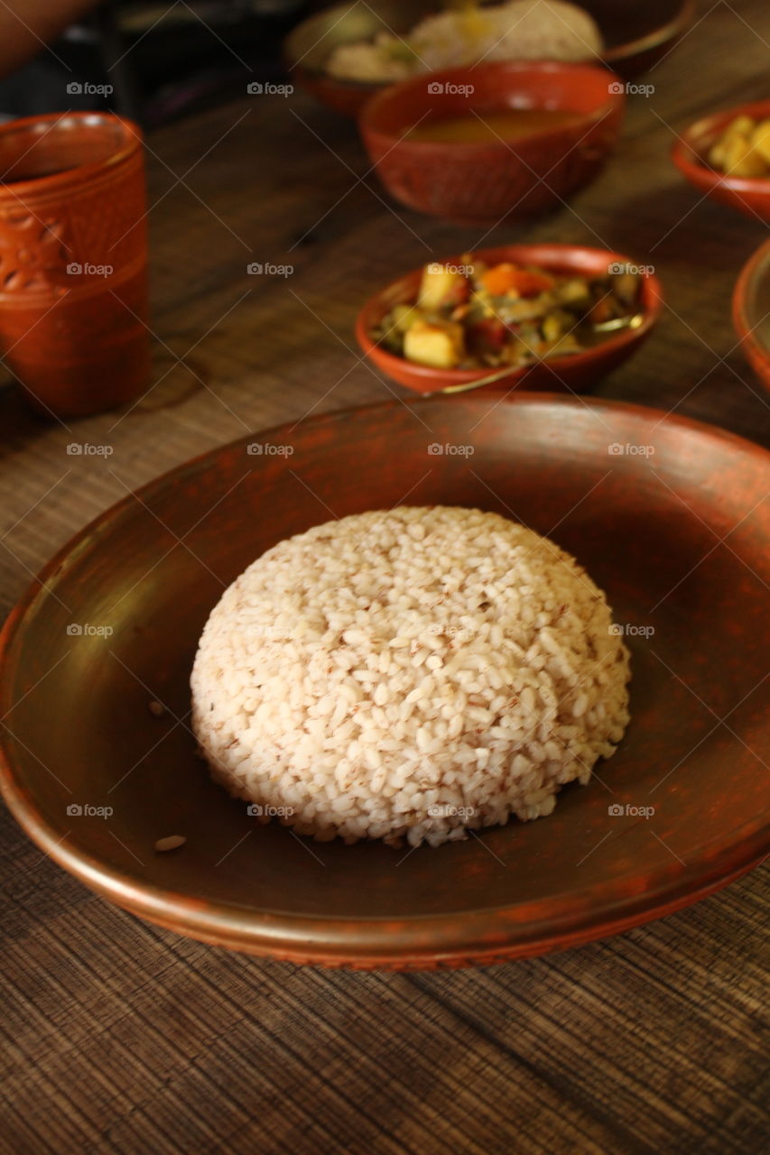 A complete dish for proper Lunch . A plate of rice with vegetables. Healthy Food ! 