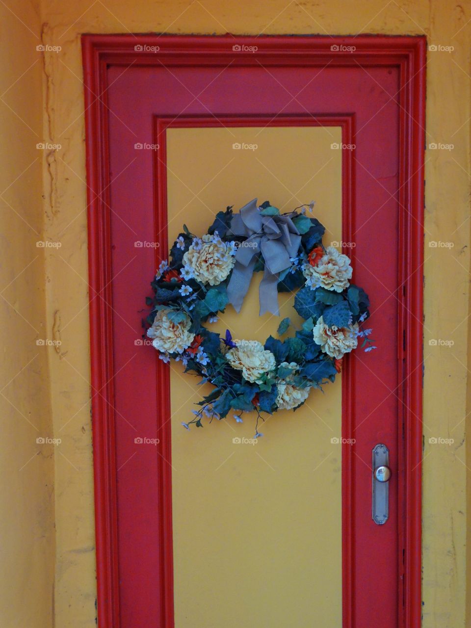 Colorful Door With Floral Wreath