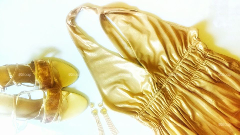 Gold dress, shoes and earrings