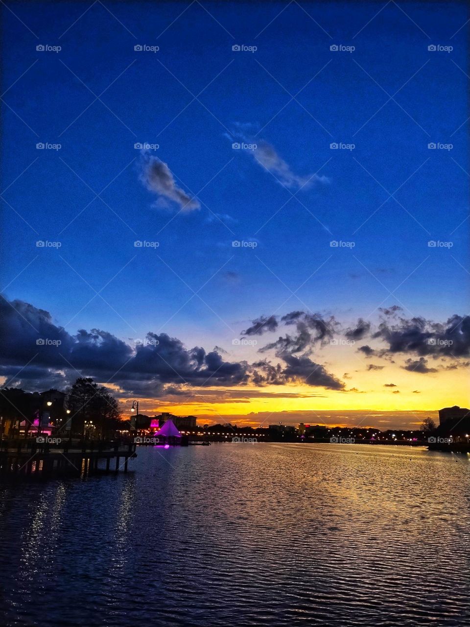 A beautiful golden and blue sunset at Cranes Roost Park in Altamonte Springs, Florida on January 27, 2024.