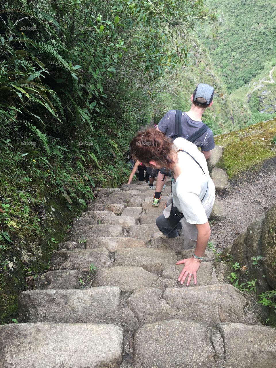 Machu Picchu descent . Machu Picchu descending vertical steps 