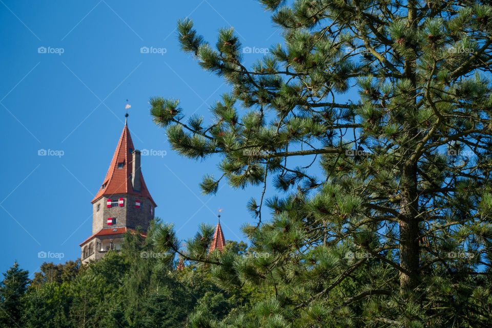The famous Czech castle Bouzov with a typical roof and shutters.