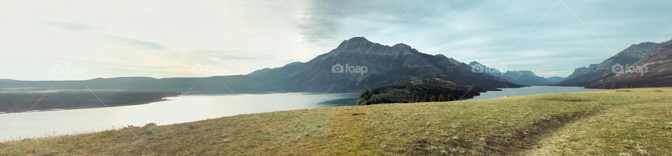 Mountain peaks and lake in Waterton Park, Alberta, Canada