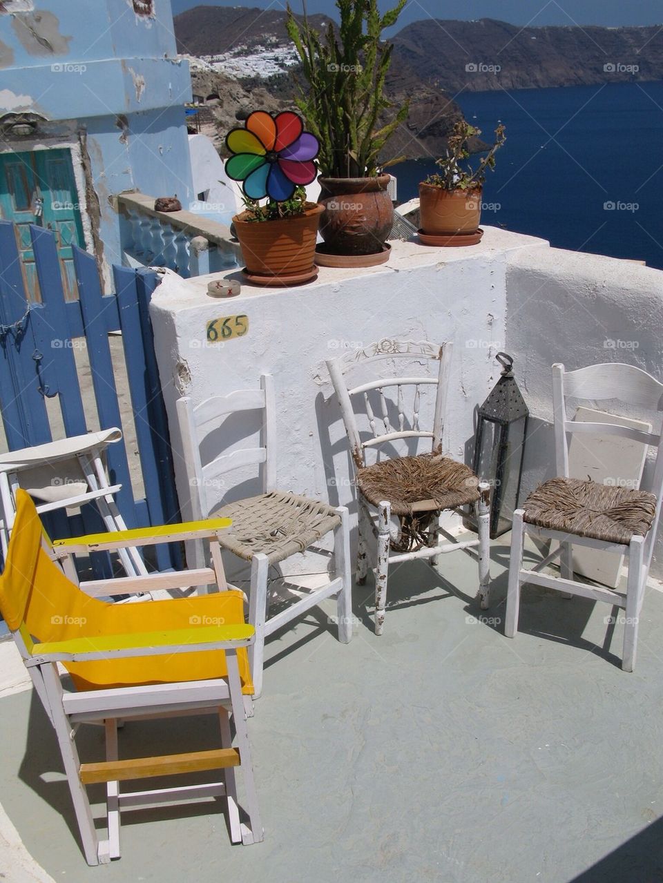 4 chairs, santorini, greece