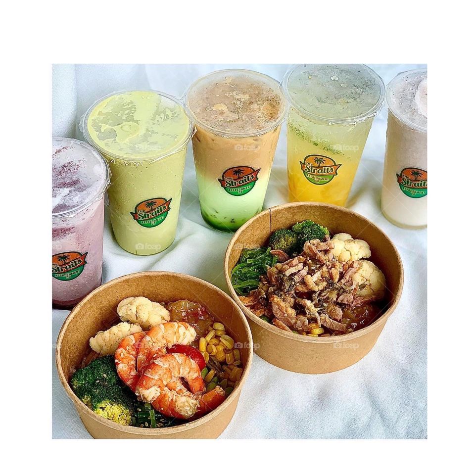 Tom yum prawns salad, mui chye duck salad and different drinks like purple rice shake, avocado milk, pandan milk, citrus and original coconut milkshake