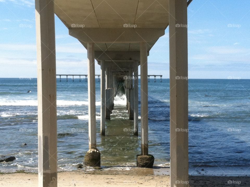 Sandy San Diego-surf crashing below the pier