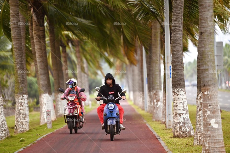 Bike Riding in beautiful island along with coconut trees 