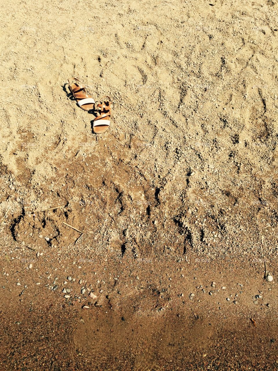 Summer moved on. A pair of women sandals on sand of a beach