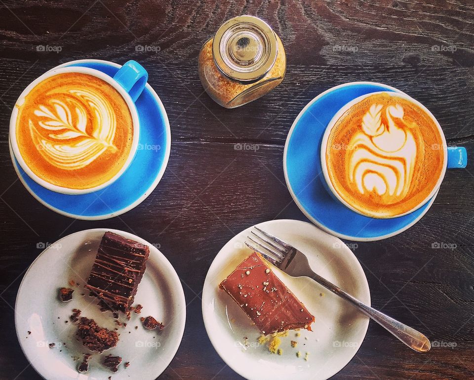 High angle view of coffee and cake