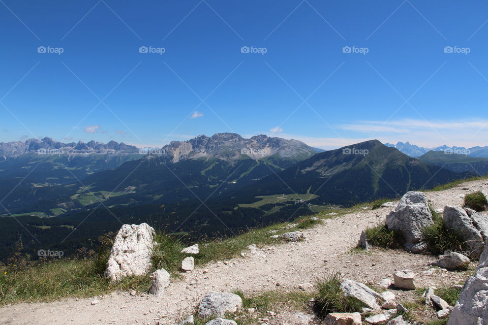 View of mountains from hiking trail at high altitude 