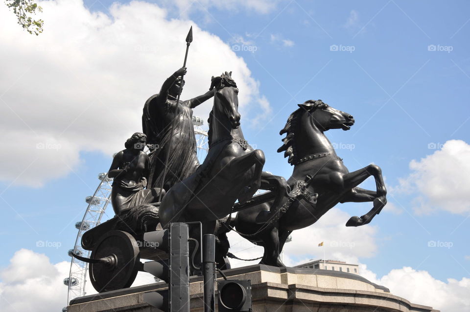 Statue of Boudicca, (Boadicea) the Ancient British Warrior Queen who destroyed three cities and a Roman legion in 61AD. A protest to overhanded Roman Rule.