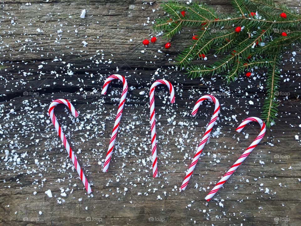 Candy canes on wooden table powdered with snow surrounded by pine cone tree branches and red berries