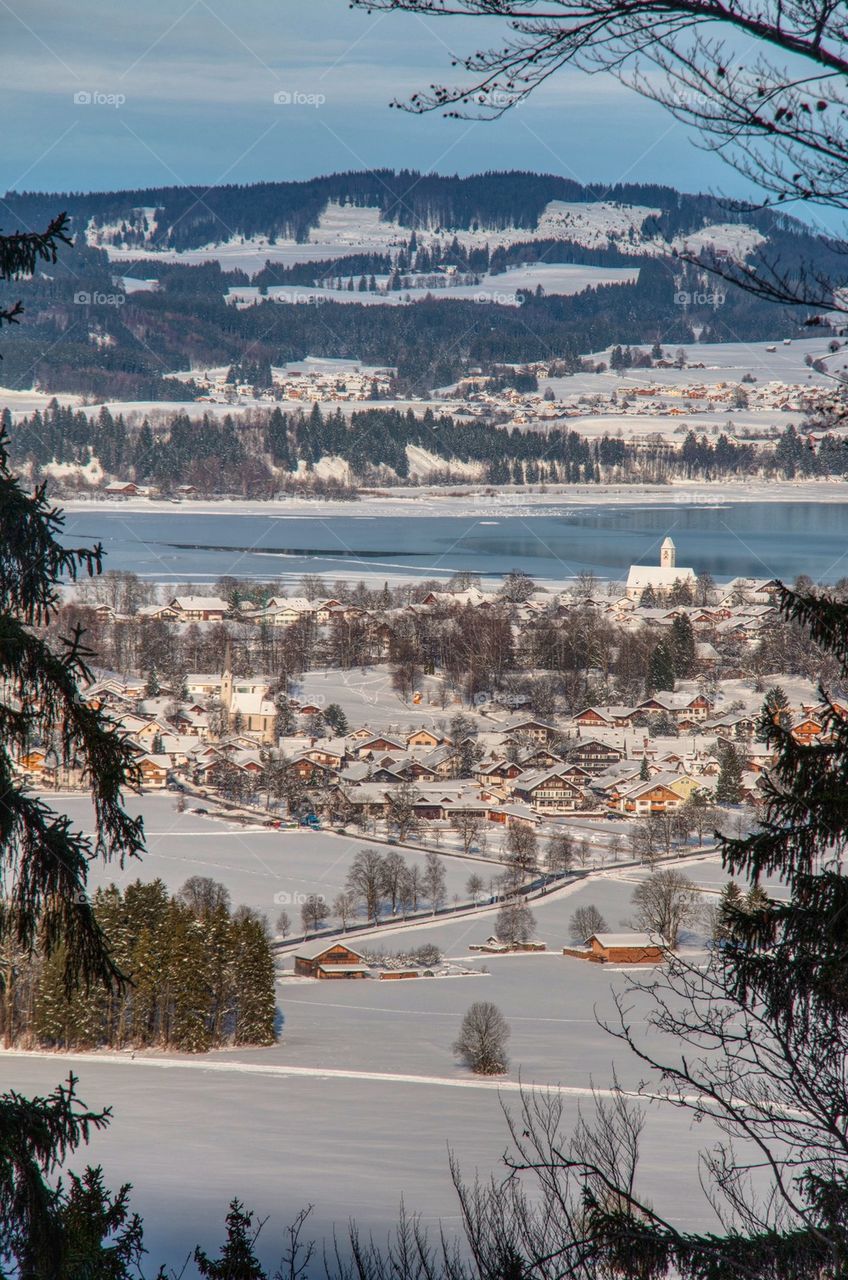 Scenic view of snow covered town