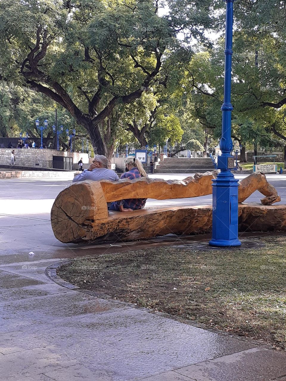 el tronco de un árbol es un buen asiento para las personas en la plaza