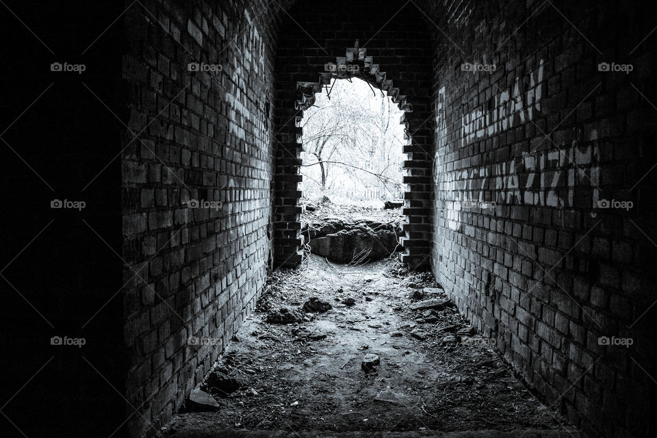 Black-white underground tunnel in old German factory of the synthetic gasoline