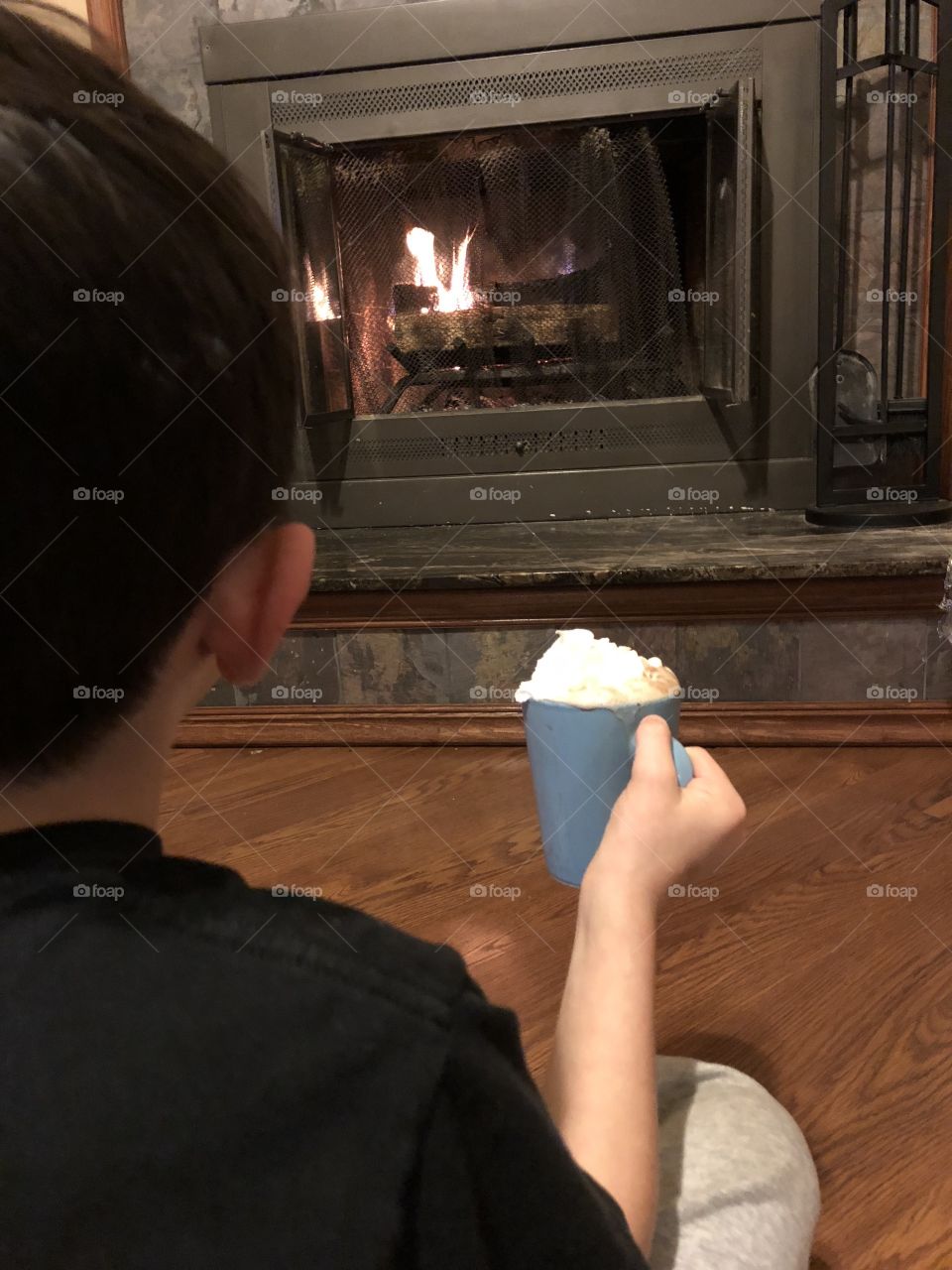 Hot chocolate by the fireplace 