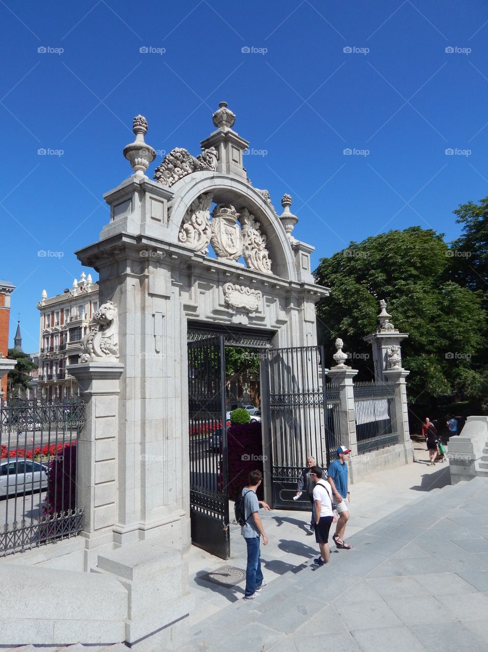 The stone gate to a park in Madrid, Spain 