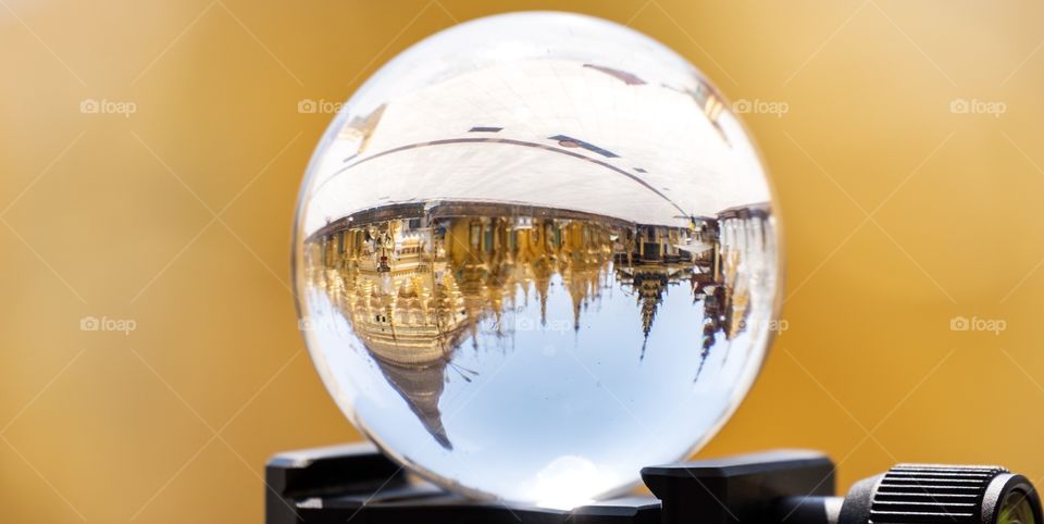 Rangoon/Myanmar-April 14 2019:beautiful Reflection of Shwedagon Pagoda inside crystal ball 