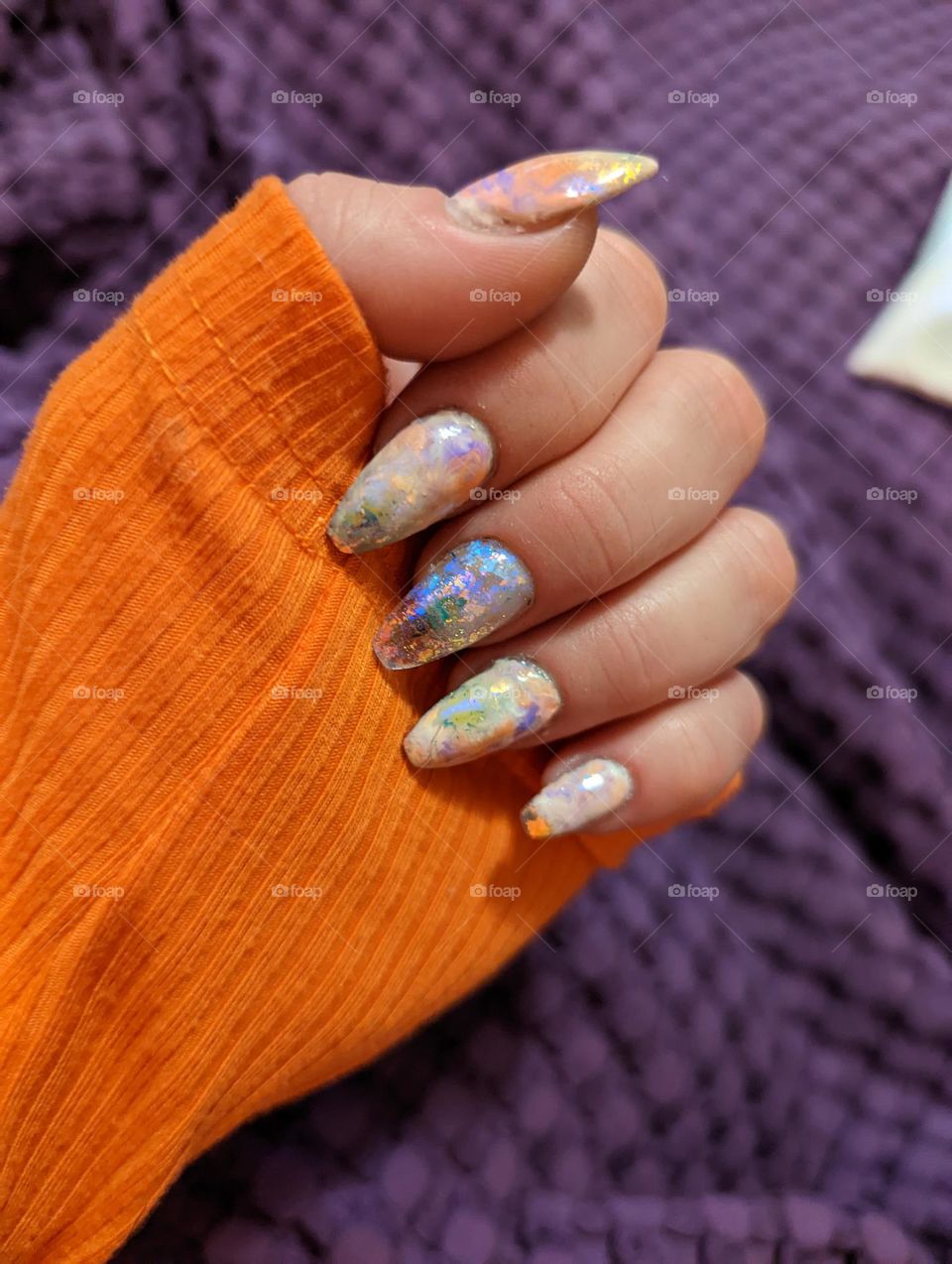 clear polygel with glitter flakes and purple and coral marble