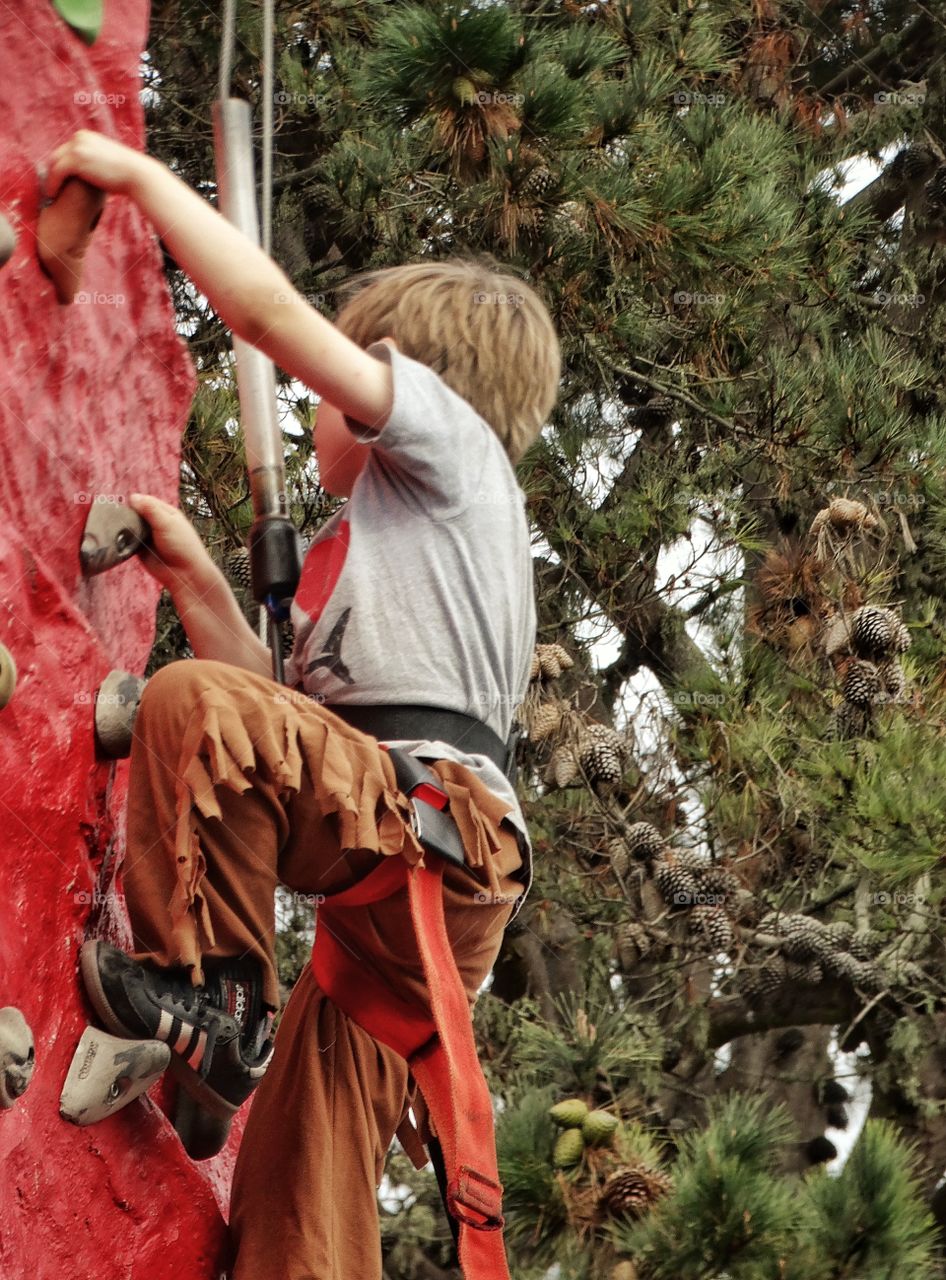 Young Boy Climbing A Rock Wall
