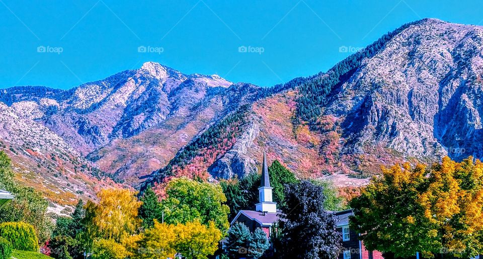 church steeple and fall mountain color in Ogden Utah