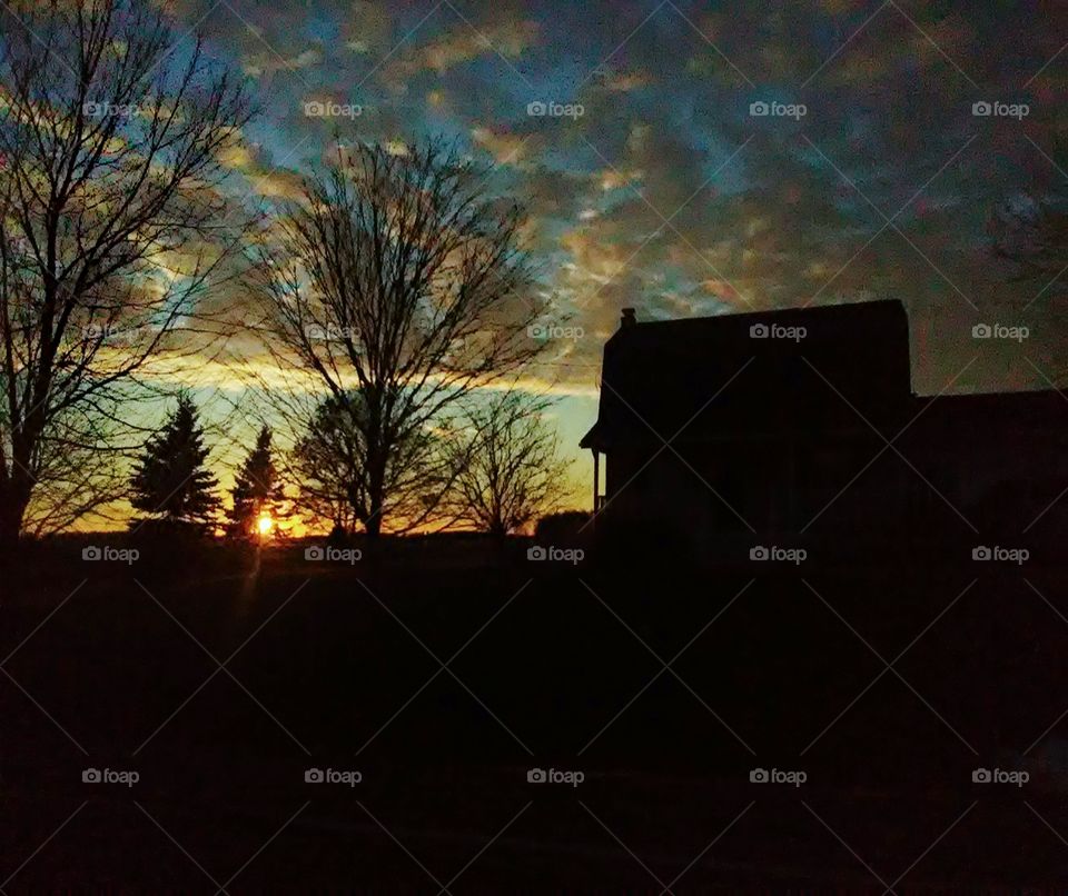 sunset behind shadow of trees and barn