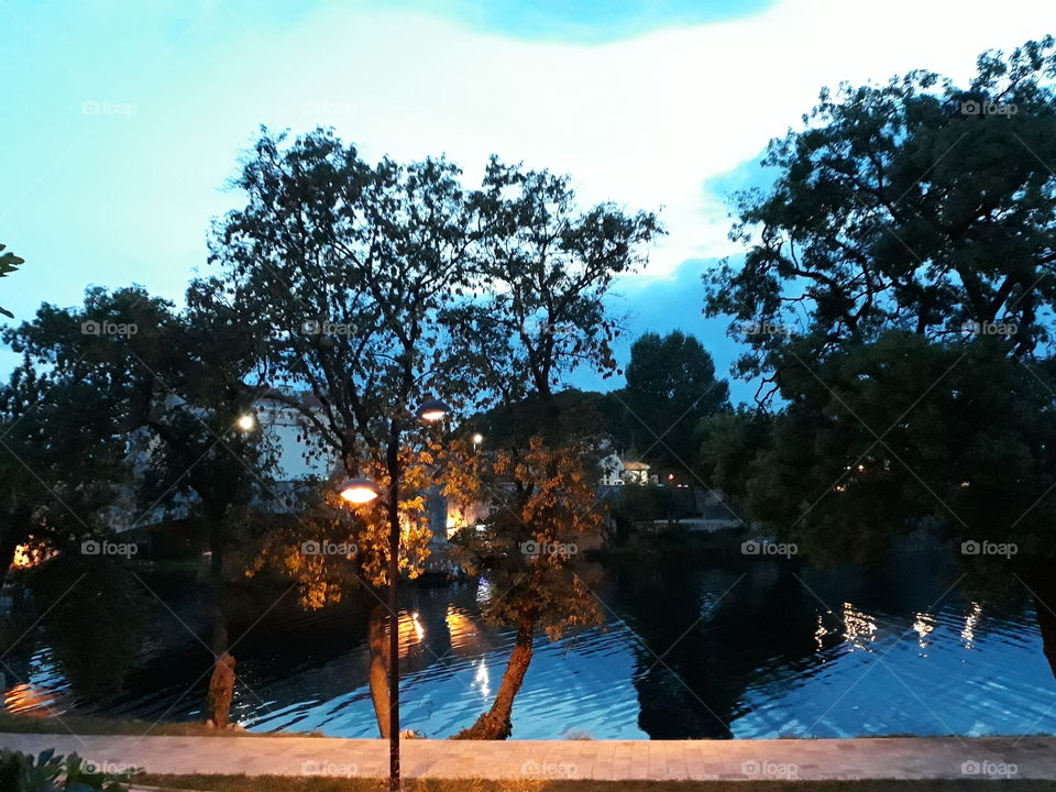 sunset, river bridge