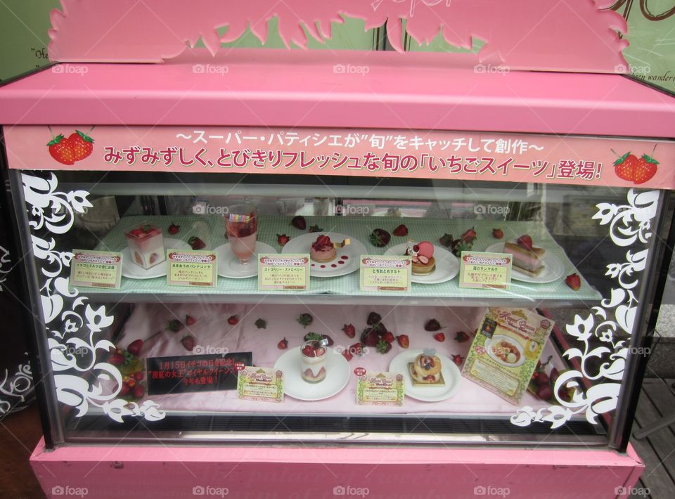 Pink Glass Dessert Display, Jiyugaoka, Tokyo, Japan.