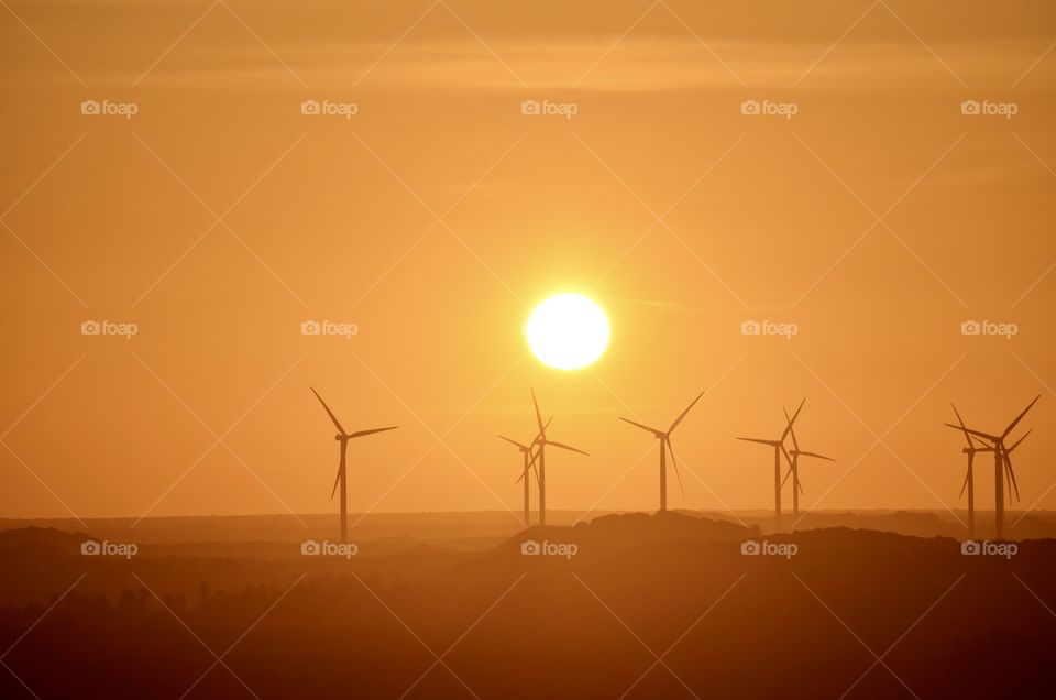 Sunset on wind power park 