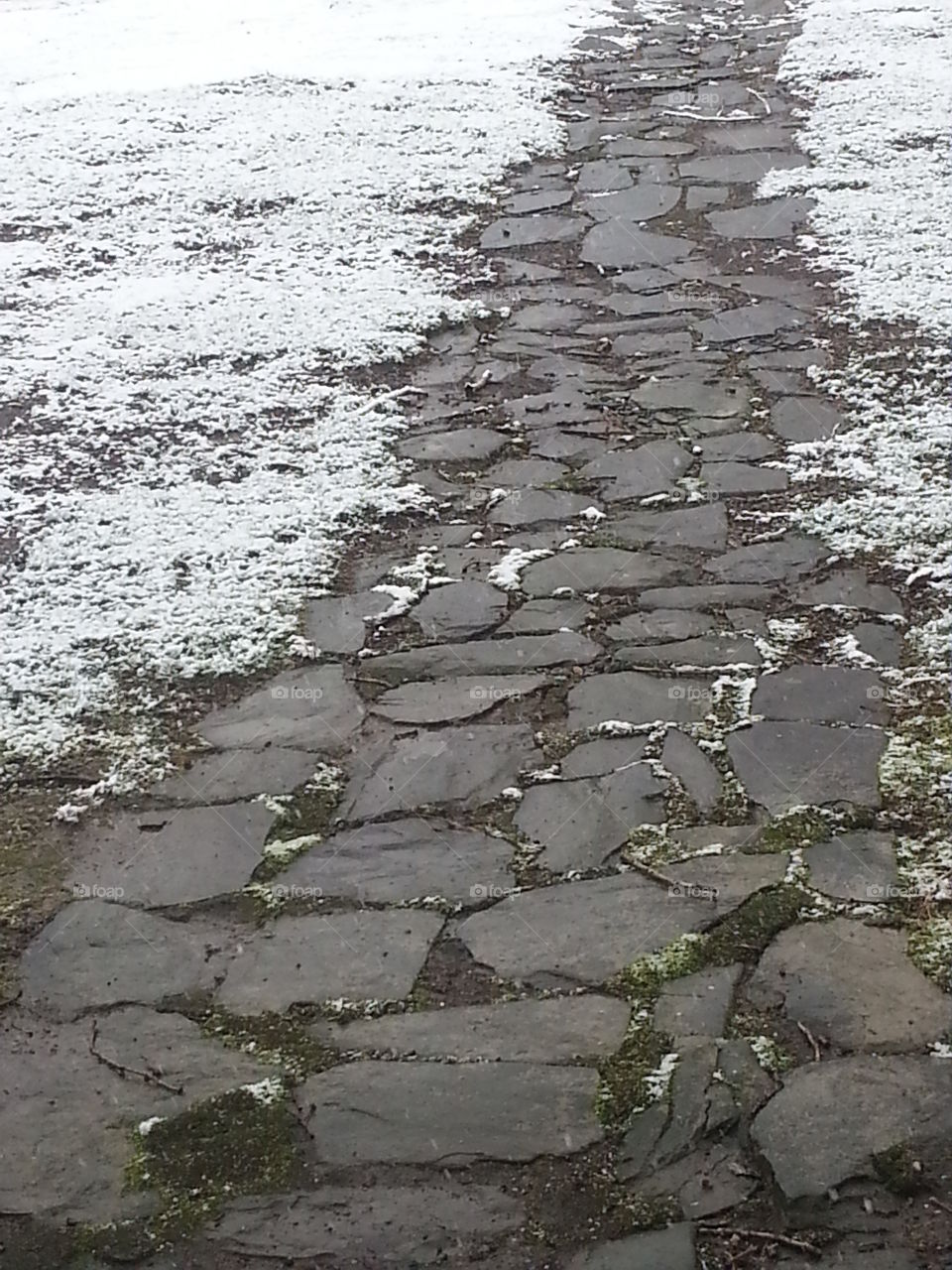 snowy stone walkway