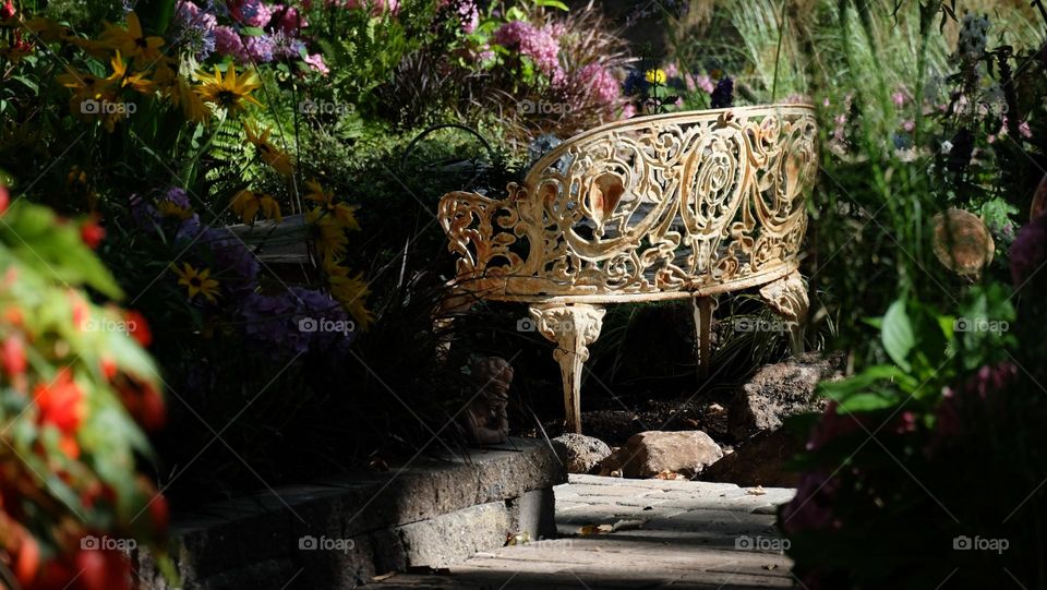 Iron bench with intricate design in a garden.