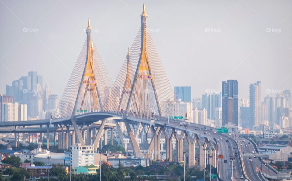Traffic situation on the Bhumibol Bridge 2 when almost of company start work from home campaign in Bangkok Thailand