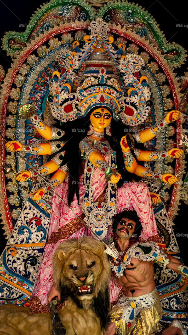 Durga Puja, also called Durgotsava, or Agamani, is an annual Hindu festival originating in the Indian subcontinent which reveres and pays homage to the Hindu goddess, Durga.