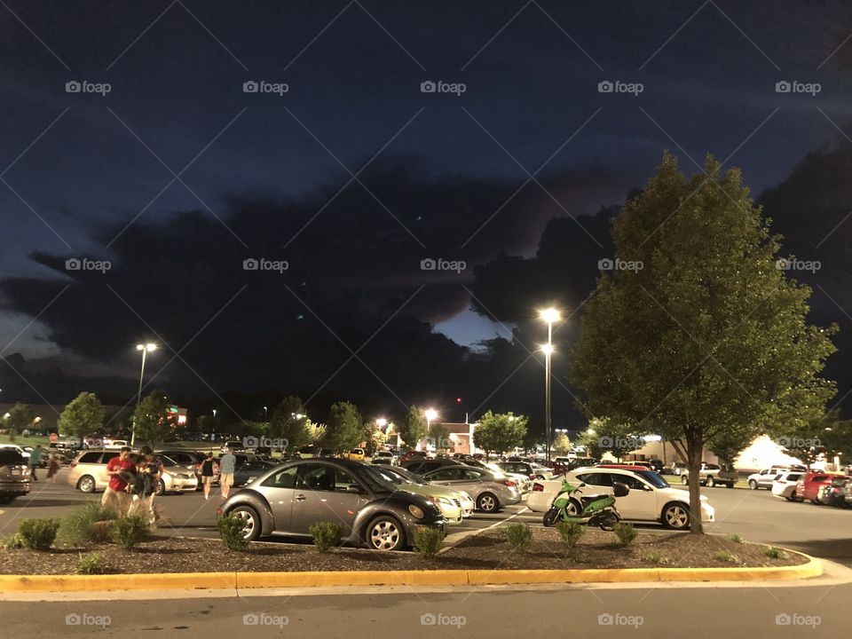 Amazing Ominous Black Sky Over Virginia Parking Lot Full of Cars At Night