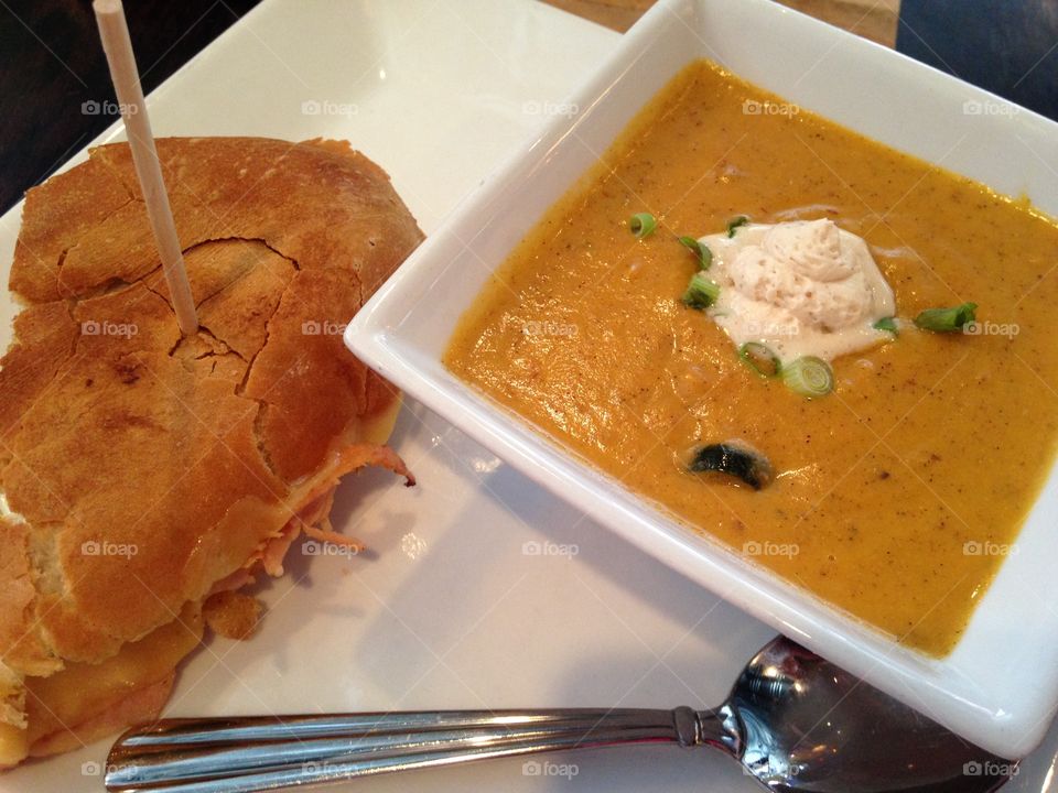 Sweet potato soup and turkey club sandwich 