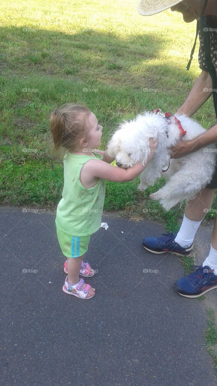 Girl greets dog