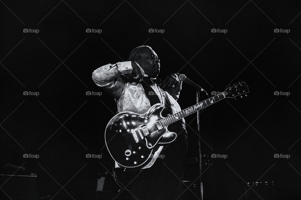 10 March 1996, the legendary Blues Boy, B. B. King performing at the Arena Hall in Poznan, Poland. American blues guitarist and singer-songwriter. Archival image could have imperfections as it is digital reproduction from b&w negative. Editorial use.