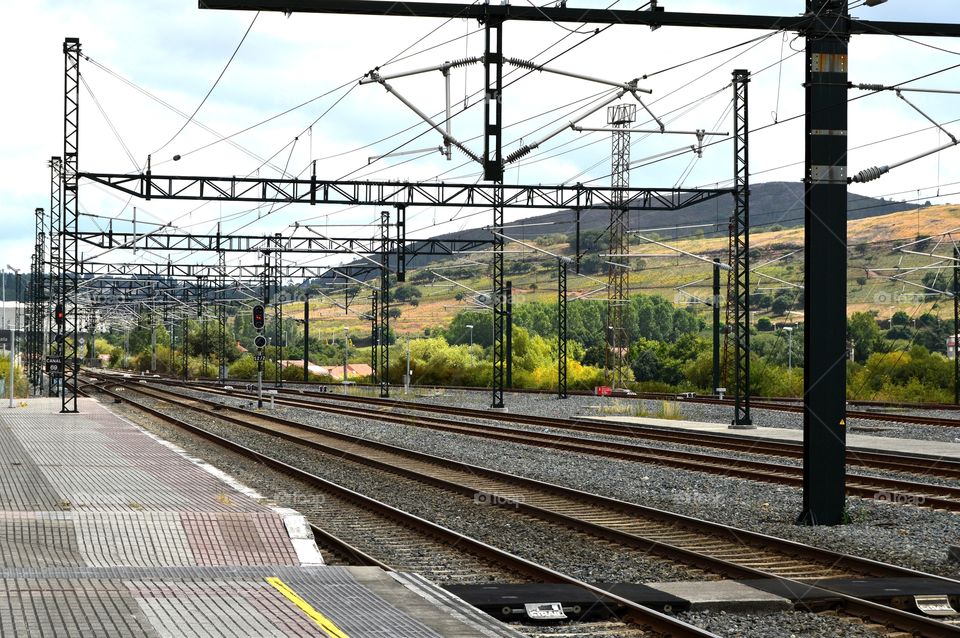 Catenary wires suspended from towers along the track.