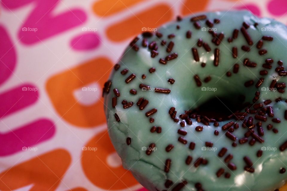 Dunkin’ Donuts Frosted Sprinkled Donut With Brand Advertising, Food Photography, Doughnut Photo 