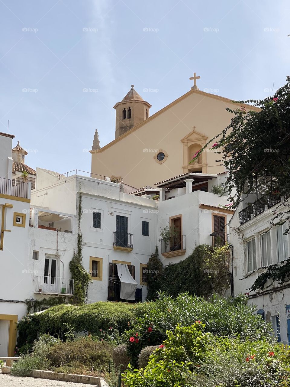 Church in Eivissa, Ibiza, Spain; facade of a church; spanish mediterraneum village; spanish city; spanish Island 