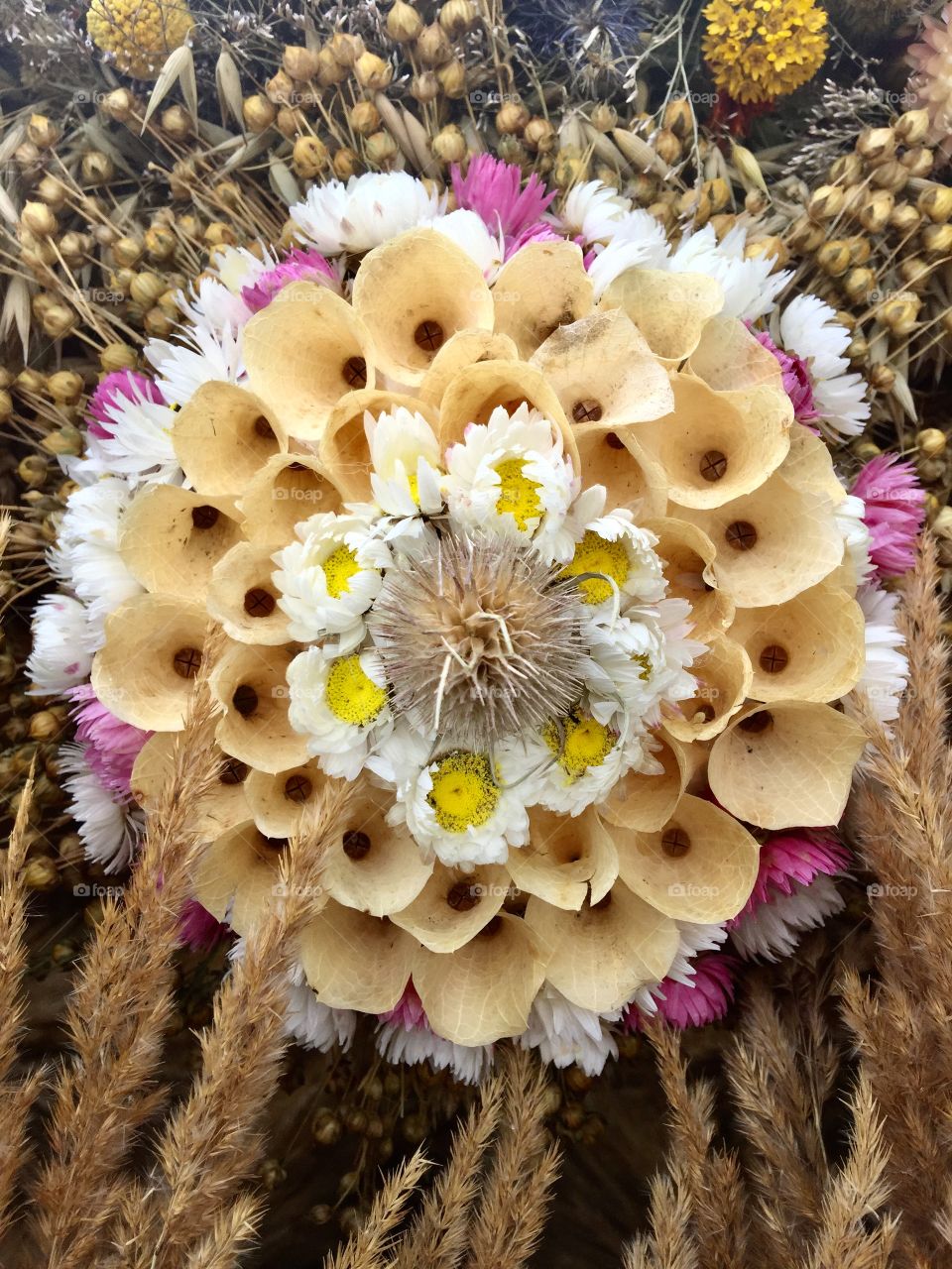 A composition of dried ears, flowers, grasses and plants. 