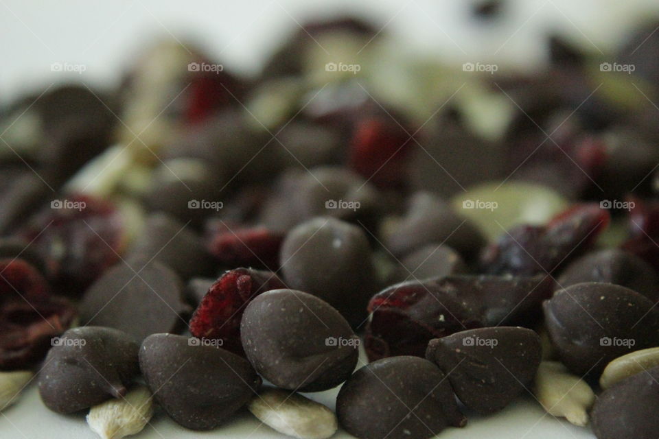 Dark chocolate chips, dried cranberries, sunflower seeds and pumpkin seeds tra