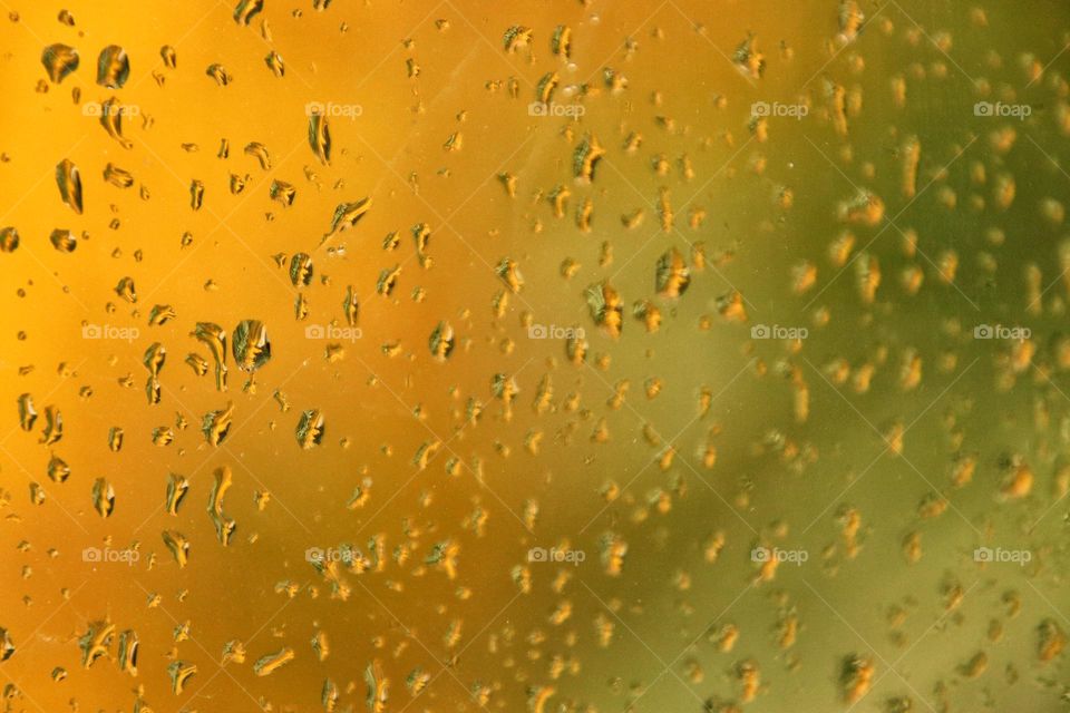 Close up of waterdrops on window against yellow and green background 
