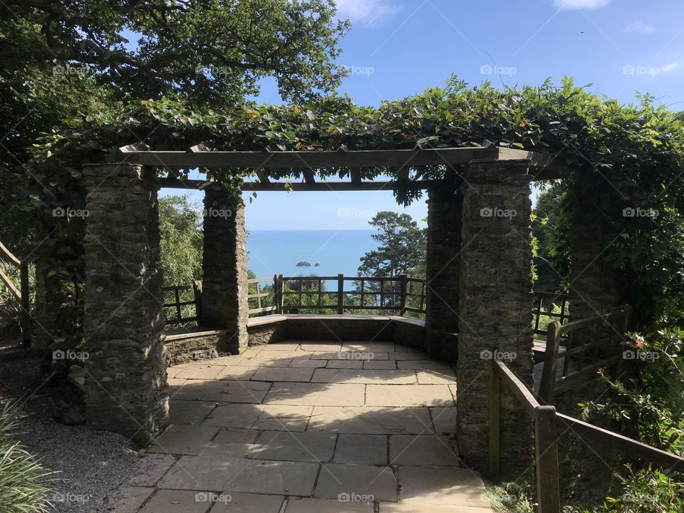 Veranda type alcove here which overlooks the sea from Colleton Fishacre, one of the National Trusts Devon Properties.