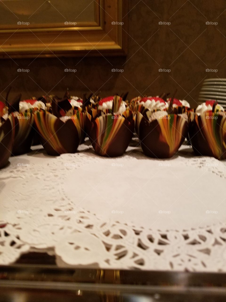 gourmet chocolate shell with chocolate mousse and strawberries