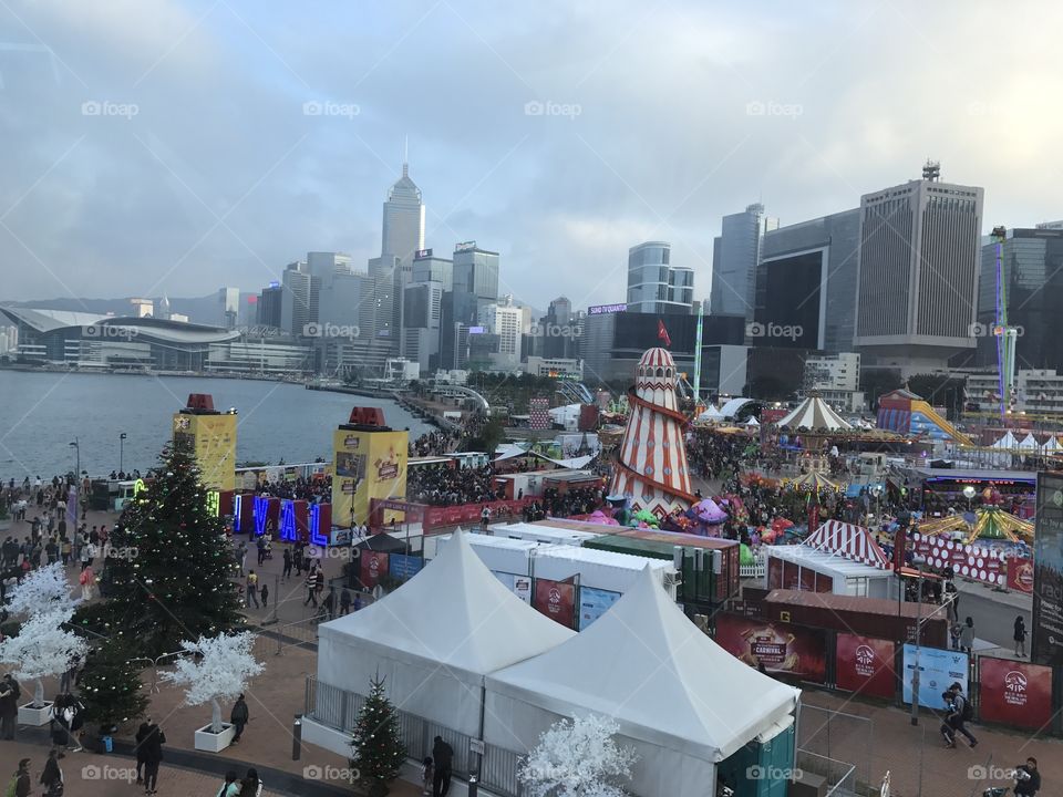 Ferries wheel in Hong Kong, clear sky, nice view, fair , carnival 