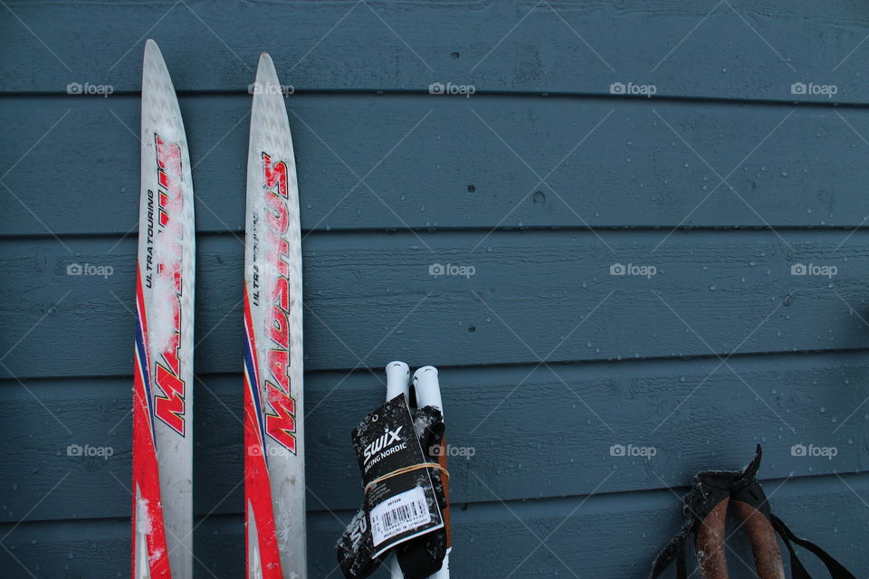 Skis on a wall