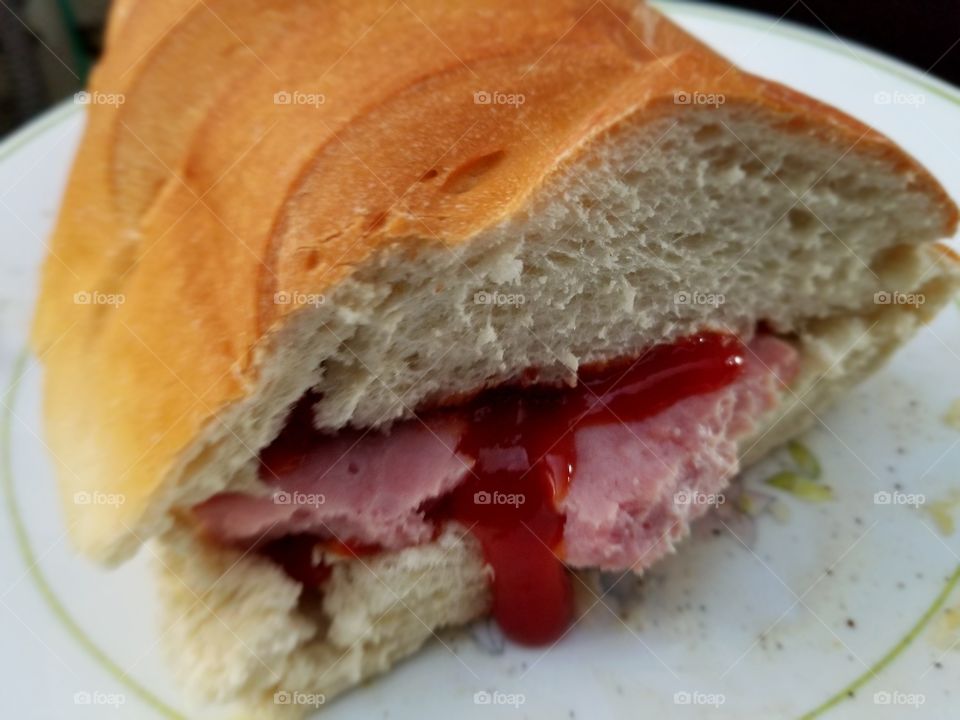 ham sandwich with ketchup