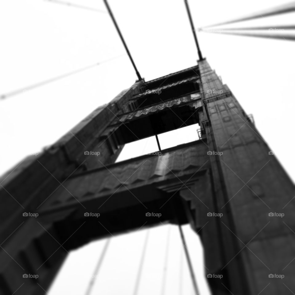 Looking up . A photo detailing the Golden Gate Bridge. 