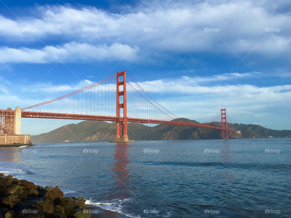 Golden Gate Bridge in San Francisco at sunrise.